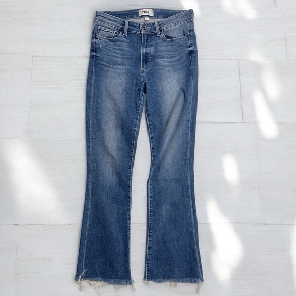 Paige Colette Crop Flare Distressed Blue Jeans w Raw Hem - Picture 2 of 16